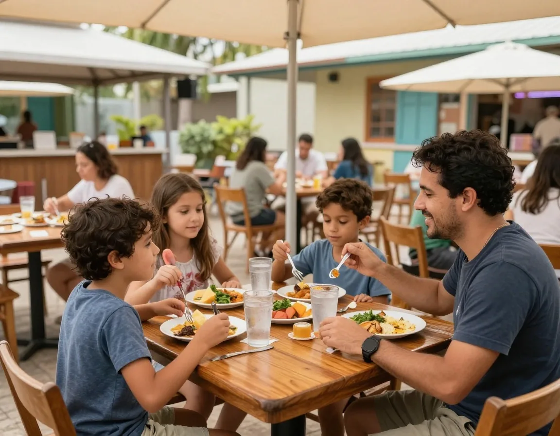 Almuerzo familiar temprano en el patio de comidas del parque