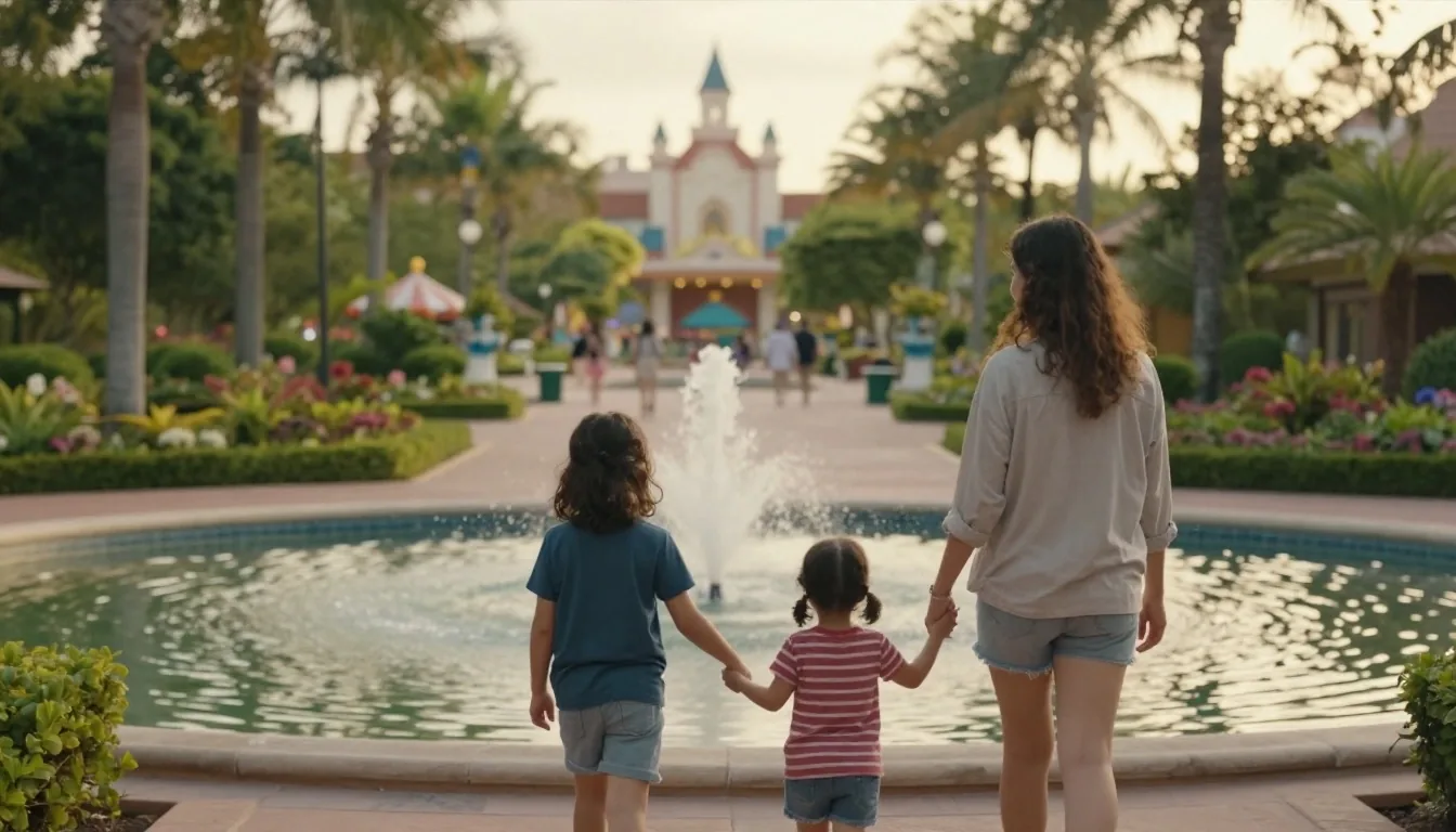 Familia paseando por una plaza de parque temático en São Paulo a la tarde