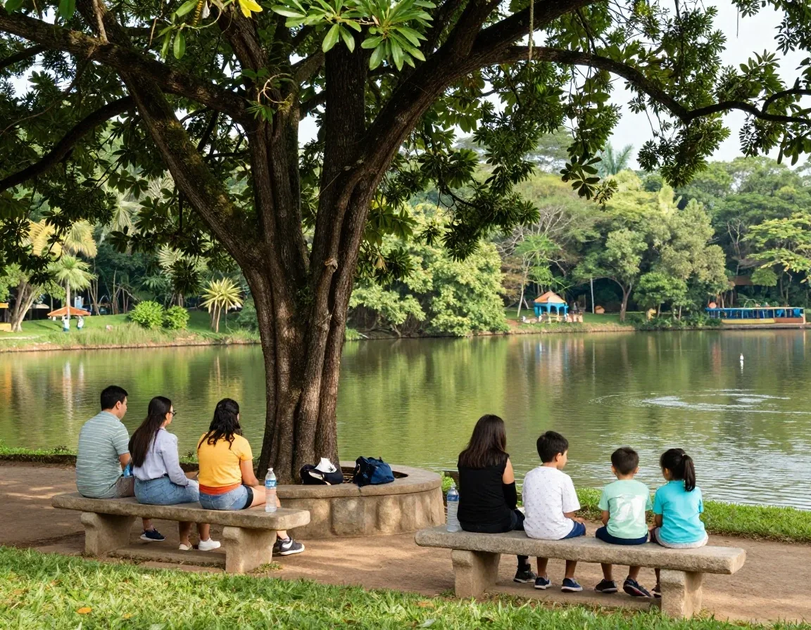 Punto de encuentro con sombra y bancas dentro del parque