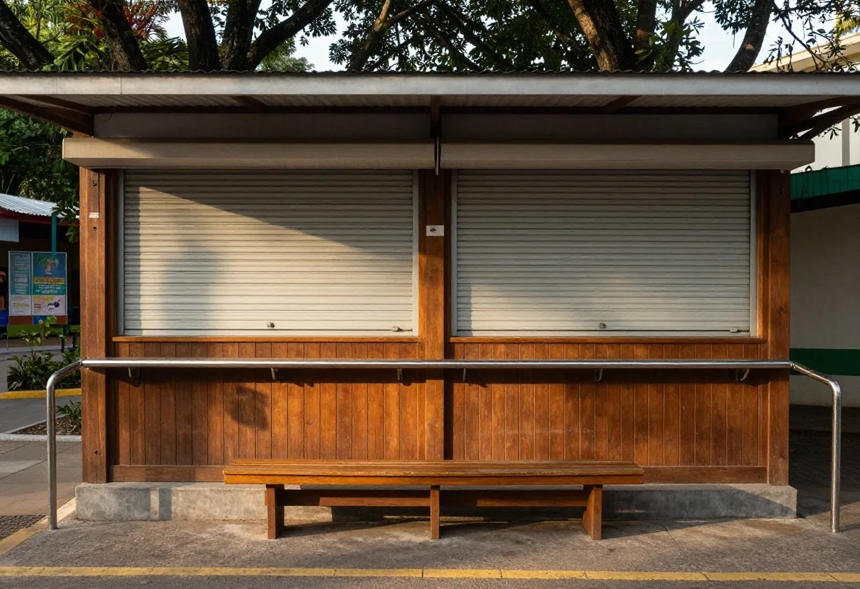 Boletería y banca de madera en parque familiar