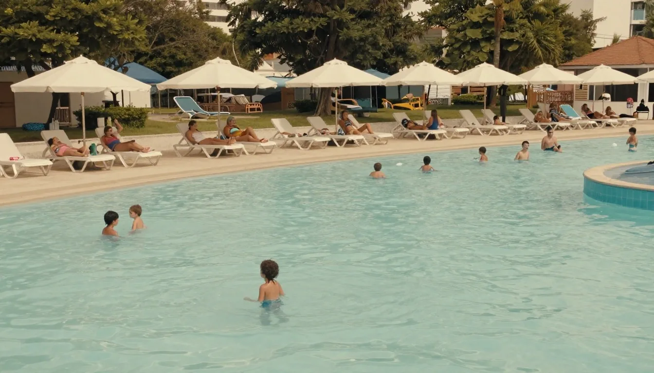 Familia descansando bajo toldos en parque acuático
