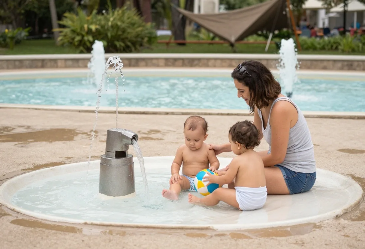 Niños pequeños jugando en zona de agua poco profunda