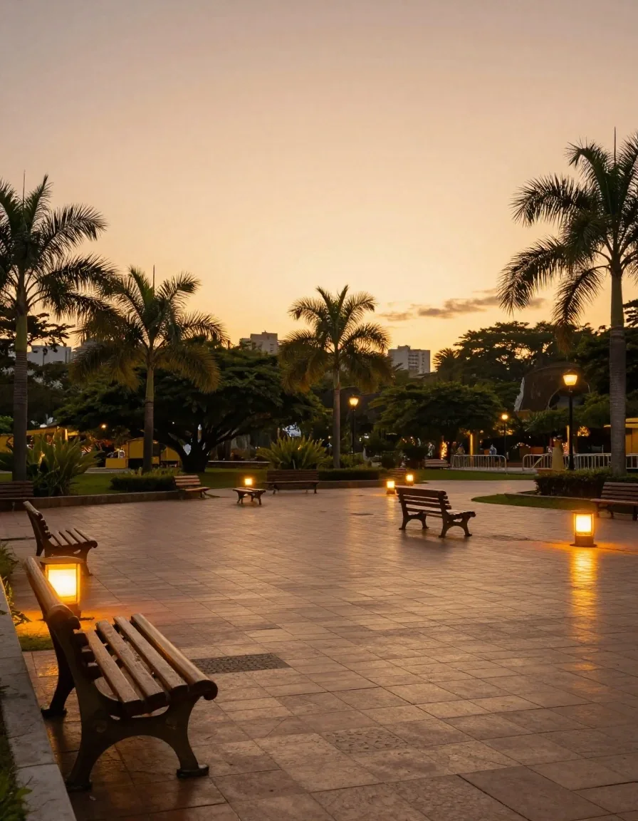 Plaza paulista al atardecer con bancos de madera