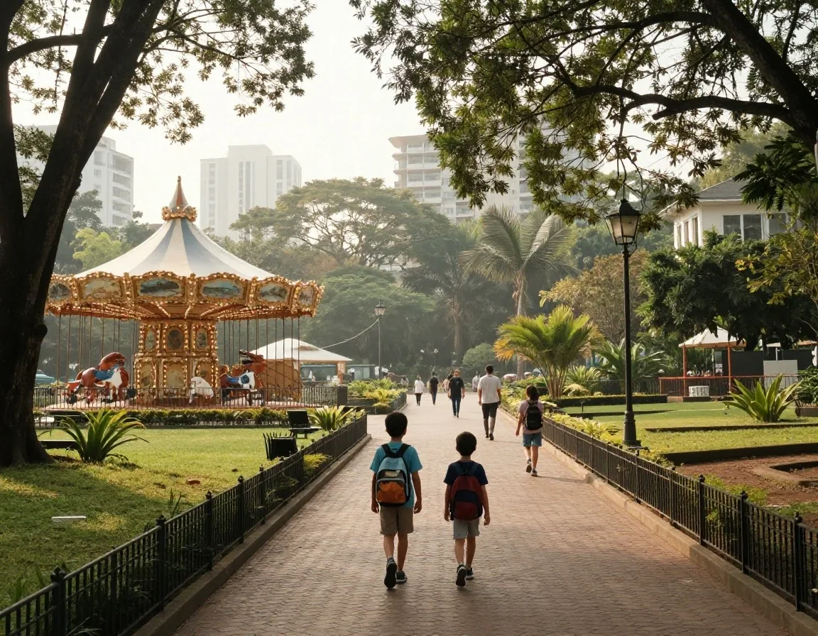 Familia entrando a un parque grande en Vinhedo a la apertura