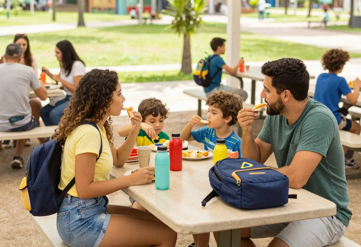 Familia descansando en zona de sombra y alimentación
