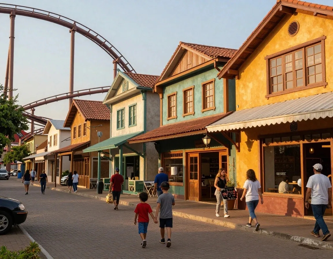 Calle principal de Hopi Hari en Vinhedo con familias paseando