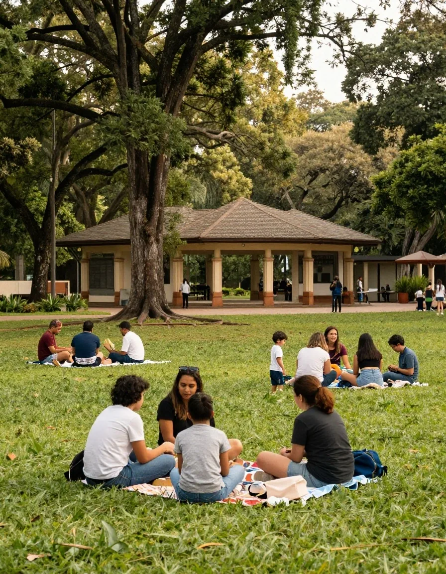 Familias haciendo picnic en el parque Ibirapuera una mañana de domingo