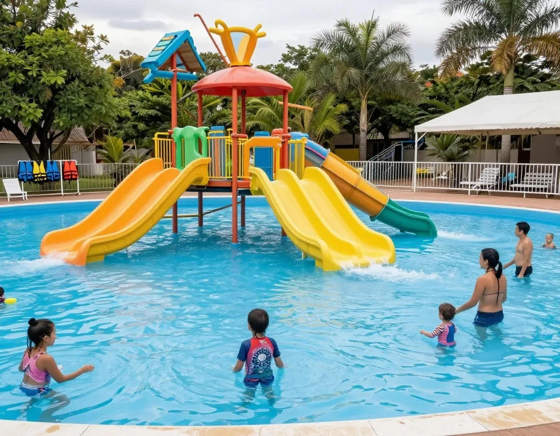 Río lento y laguna infantil en parque acuático de Itupeva