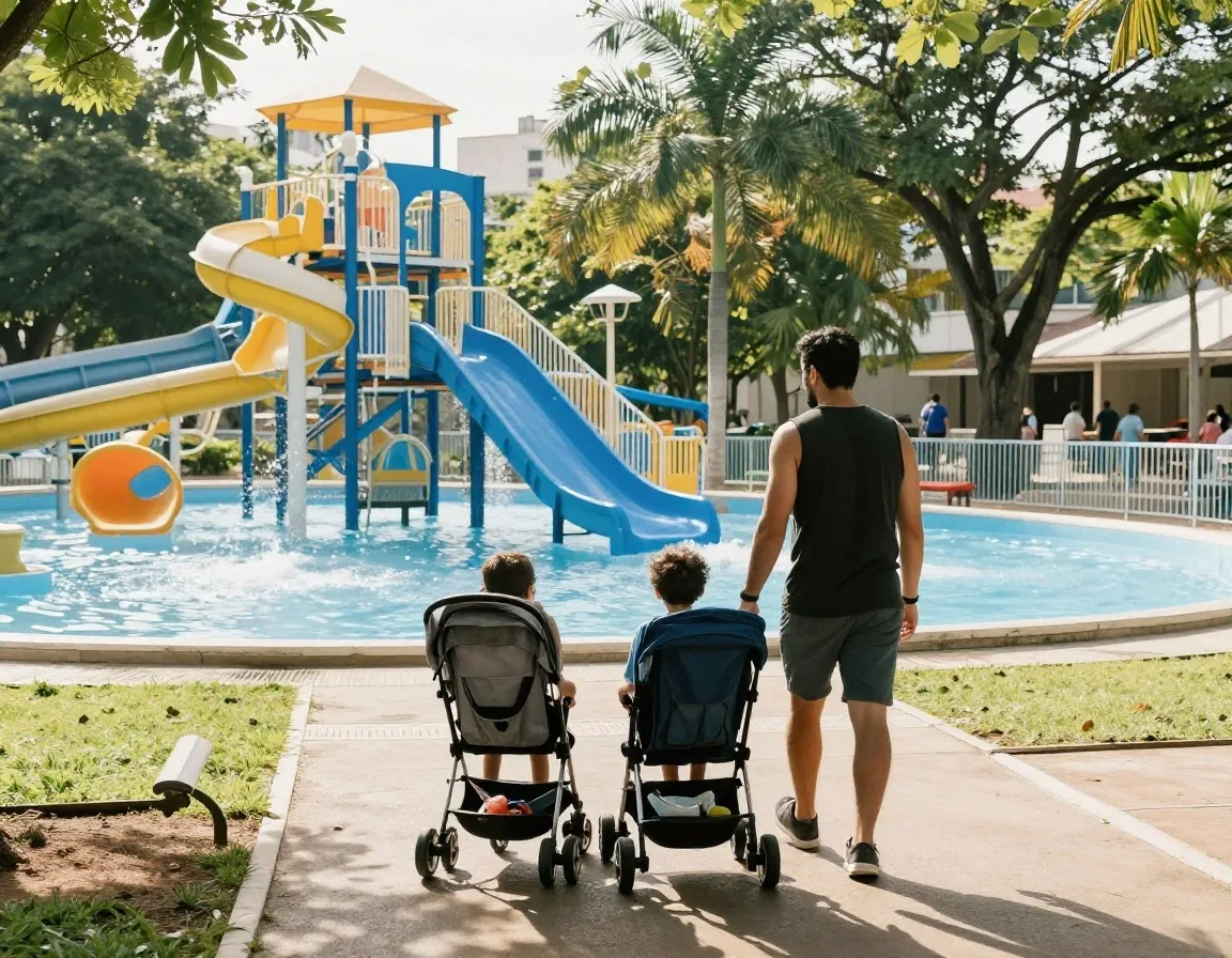 Familia caminando hacia un parque en São Paulo