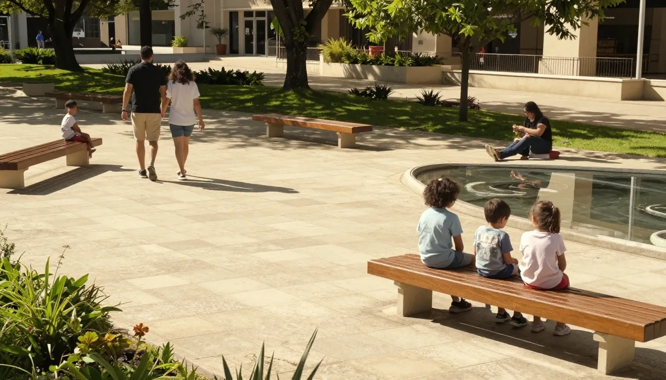 Plaza paulista con bancos y toldos en tarde soleada