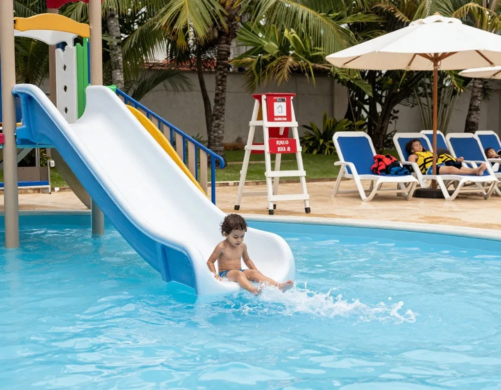Piscina baby de poca profundidad con chalecos y socorrista cerca