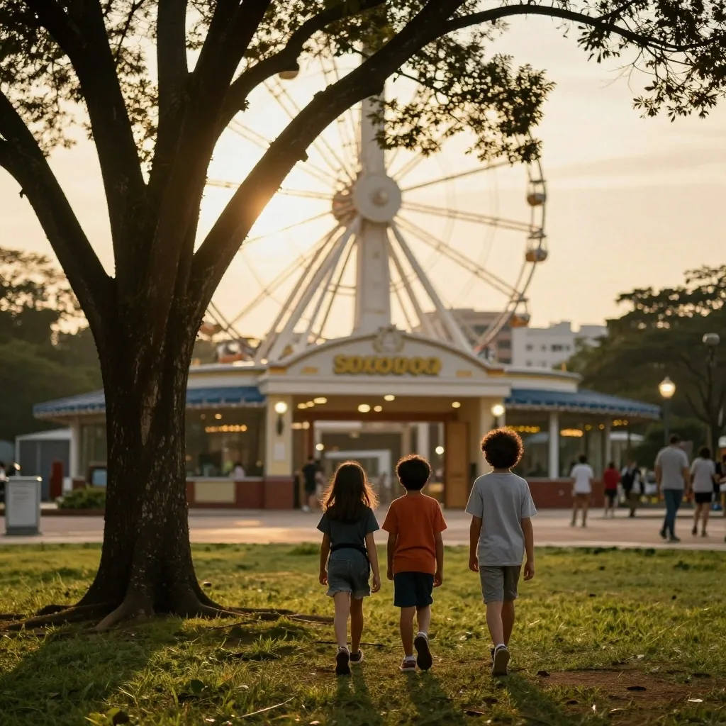 Familia revisando la guía antes de elegir parque