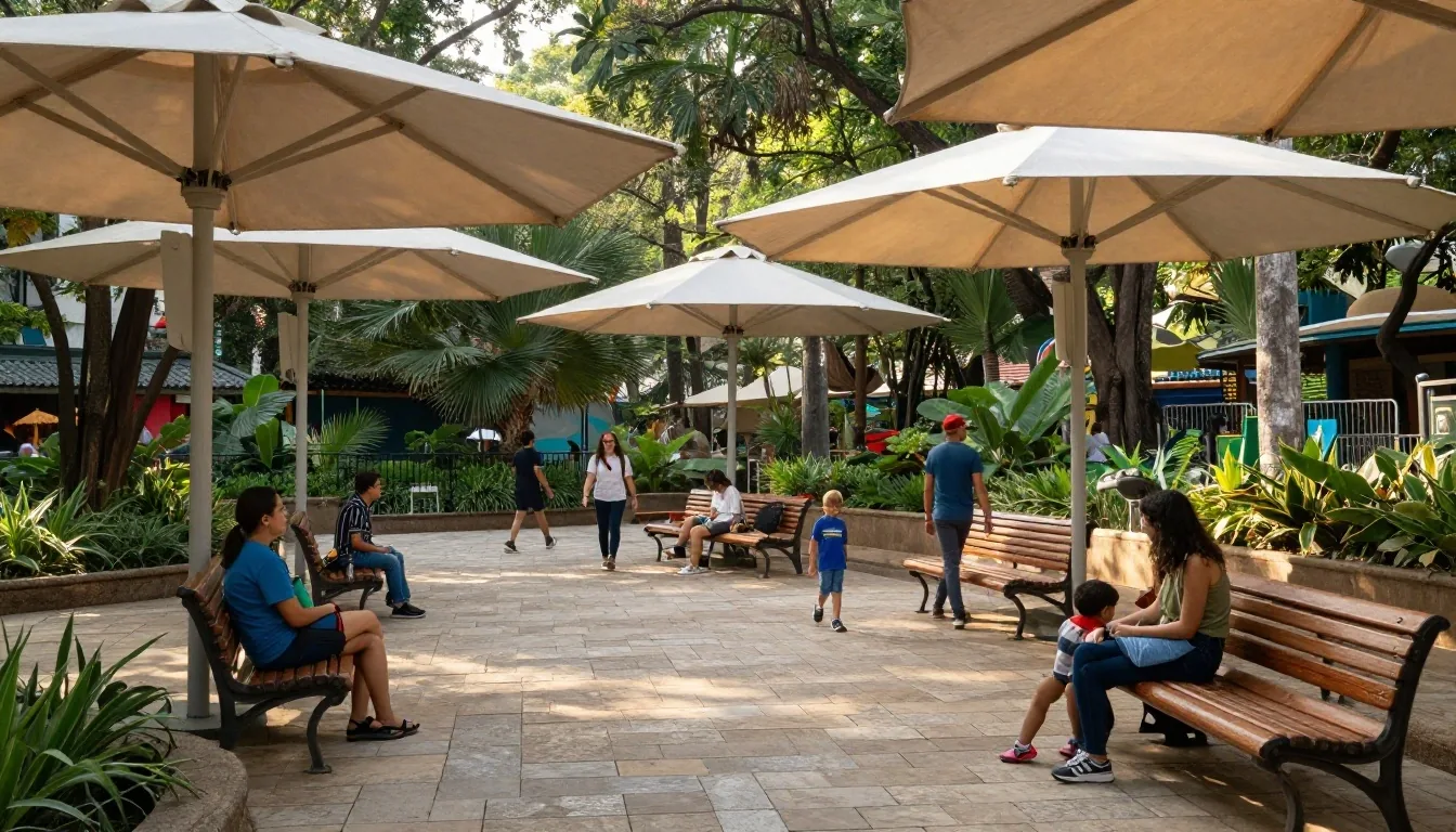 Plaza paulista tranquila con bancos y toldos a la tarde