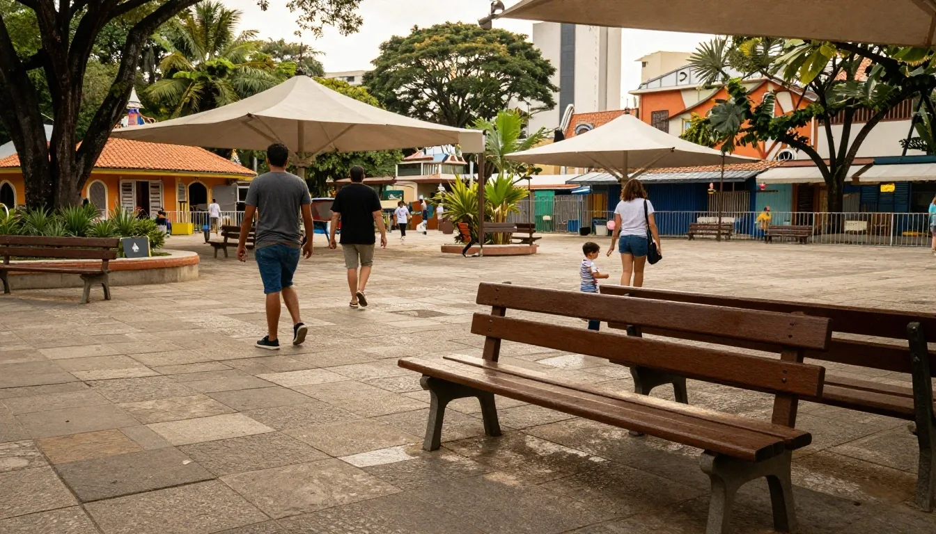 Plaza paulista a las 4 de la tarde con bancos y familias paseando