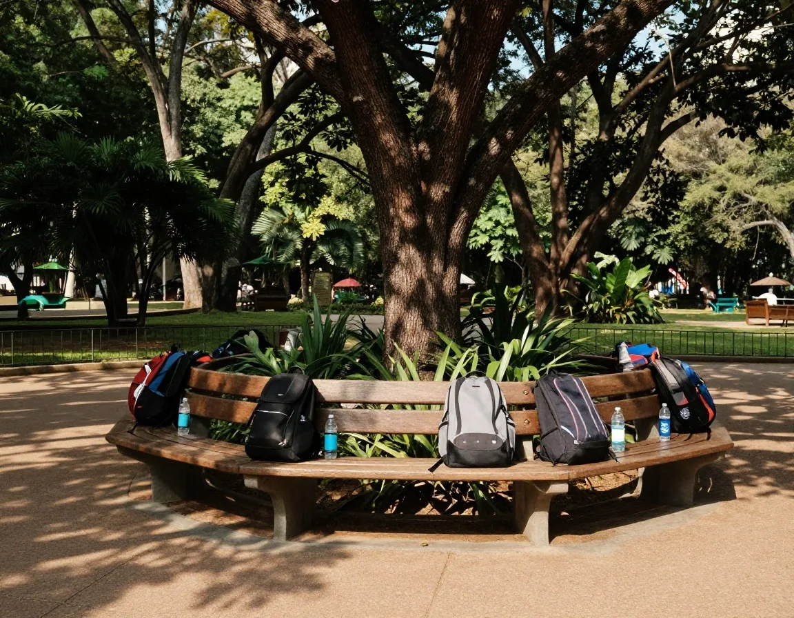 Banco de plaza con mochila y mapa de parque
