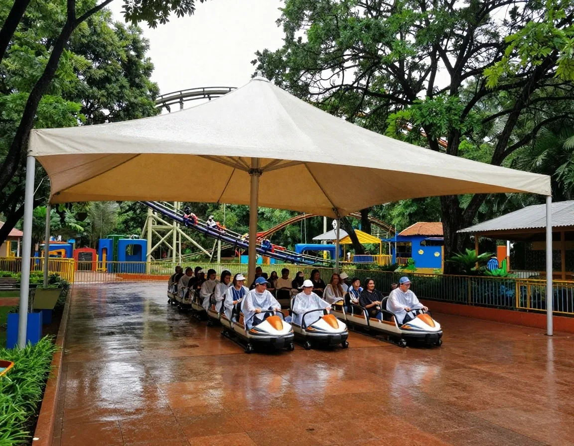 Familia con capas de lluvia bajo toldo en parque