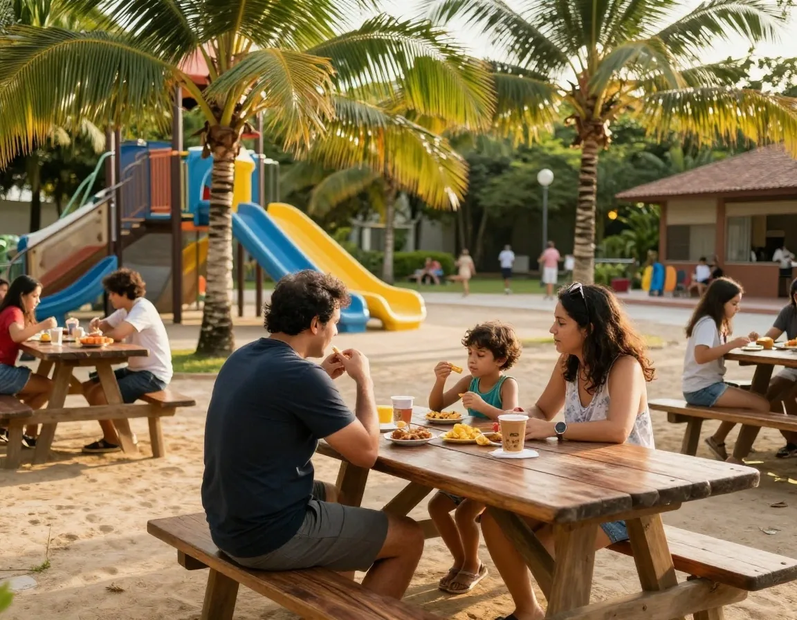 Familia organizando entradas y snacks en acceso al parque