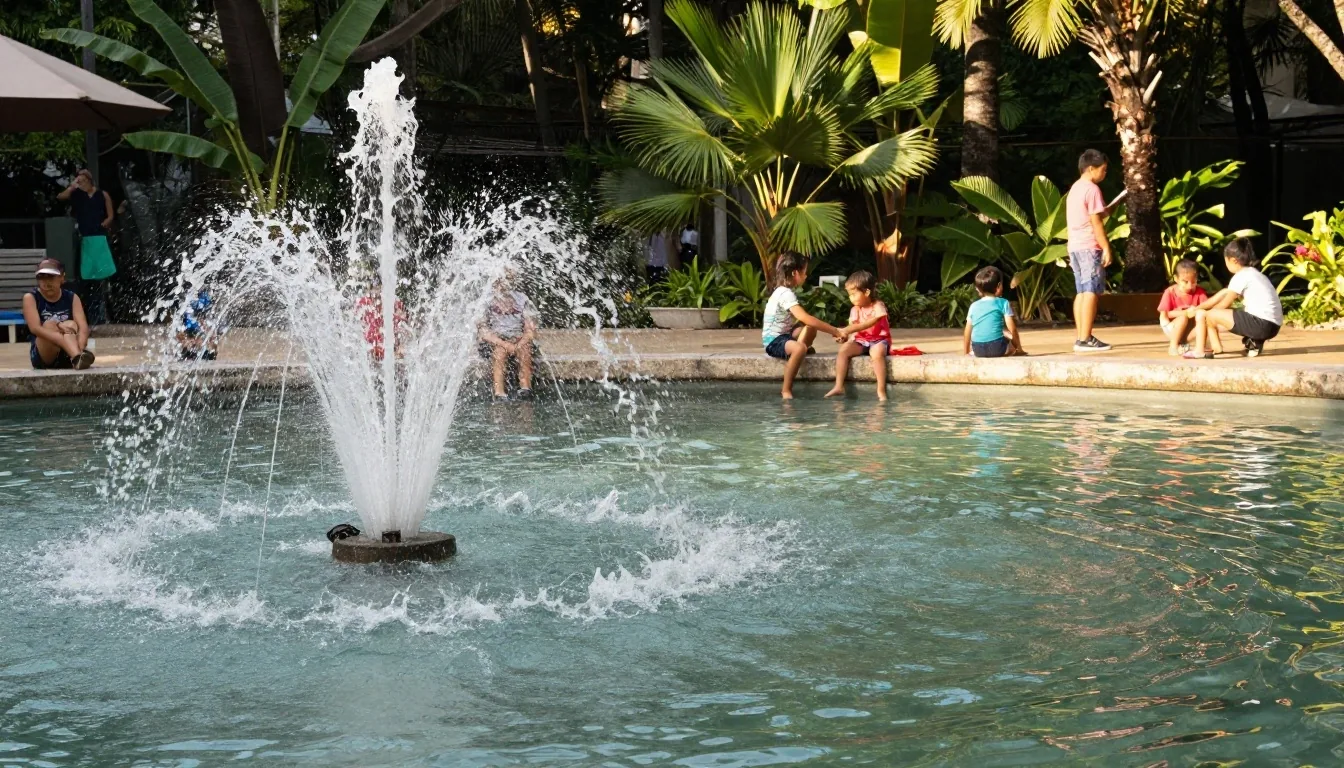 Plaza paulista con bancos y toldos en tarde soleada