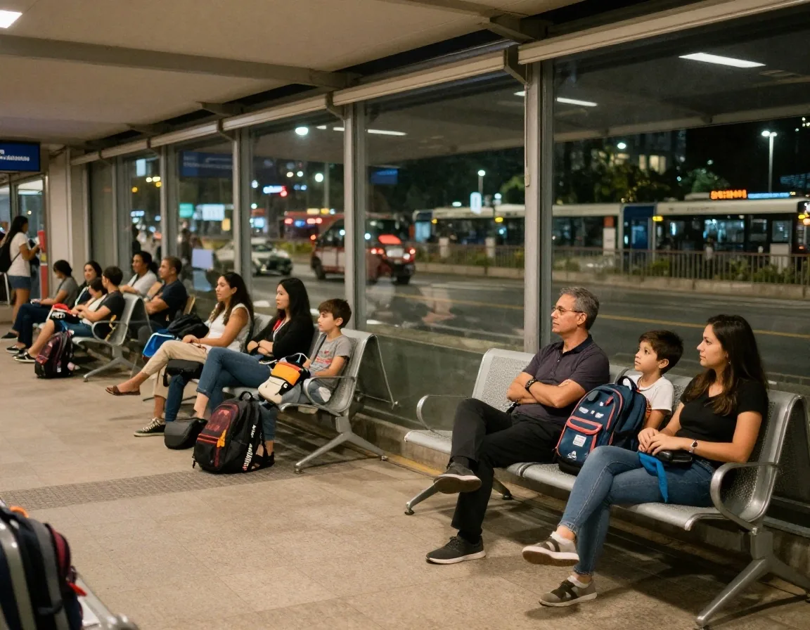 Terminal de buses con familias viajando a parques