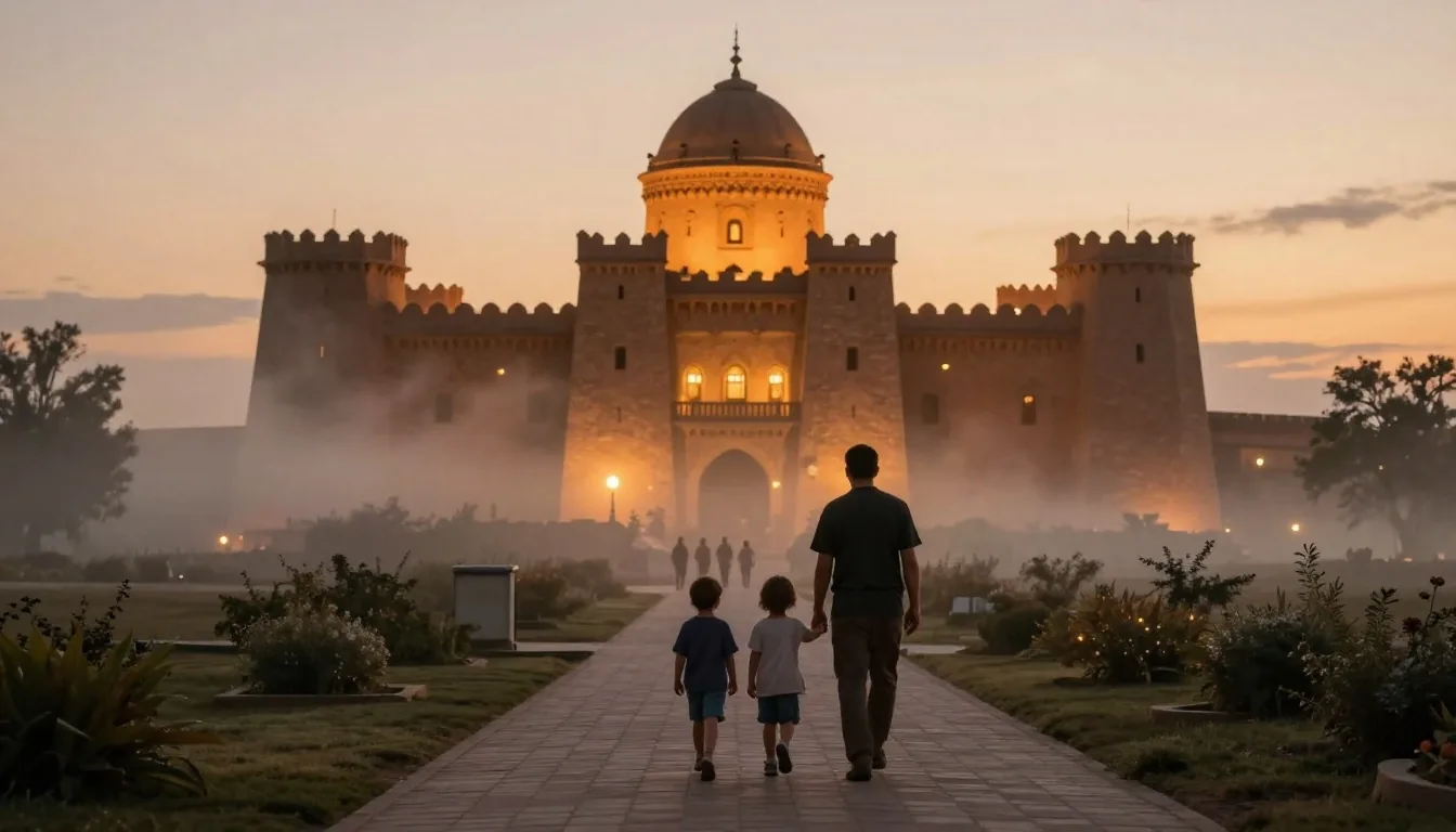 Zona de castillo de Hopi Hari al atardecer con iluminación cálida