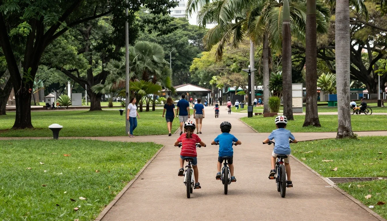 Familia de picnic con bicicleta en parque Villa-Lobos