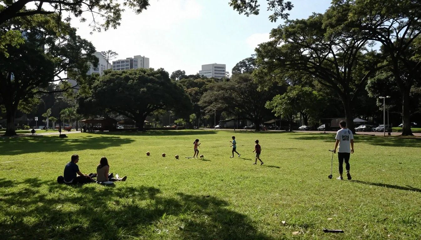 Familias paseando al atardecer en el parque Ibirapuera de São Paulo