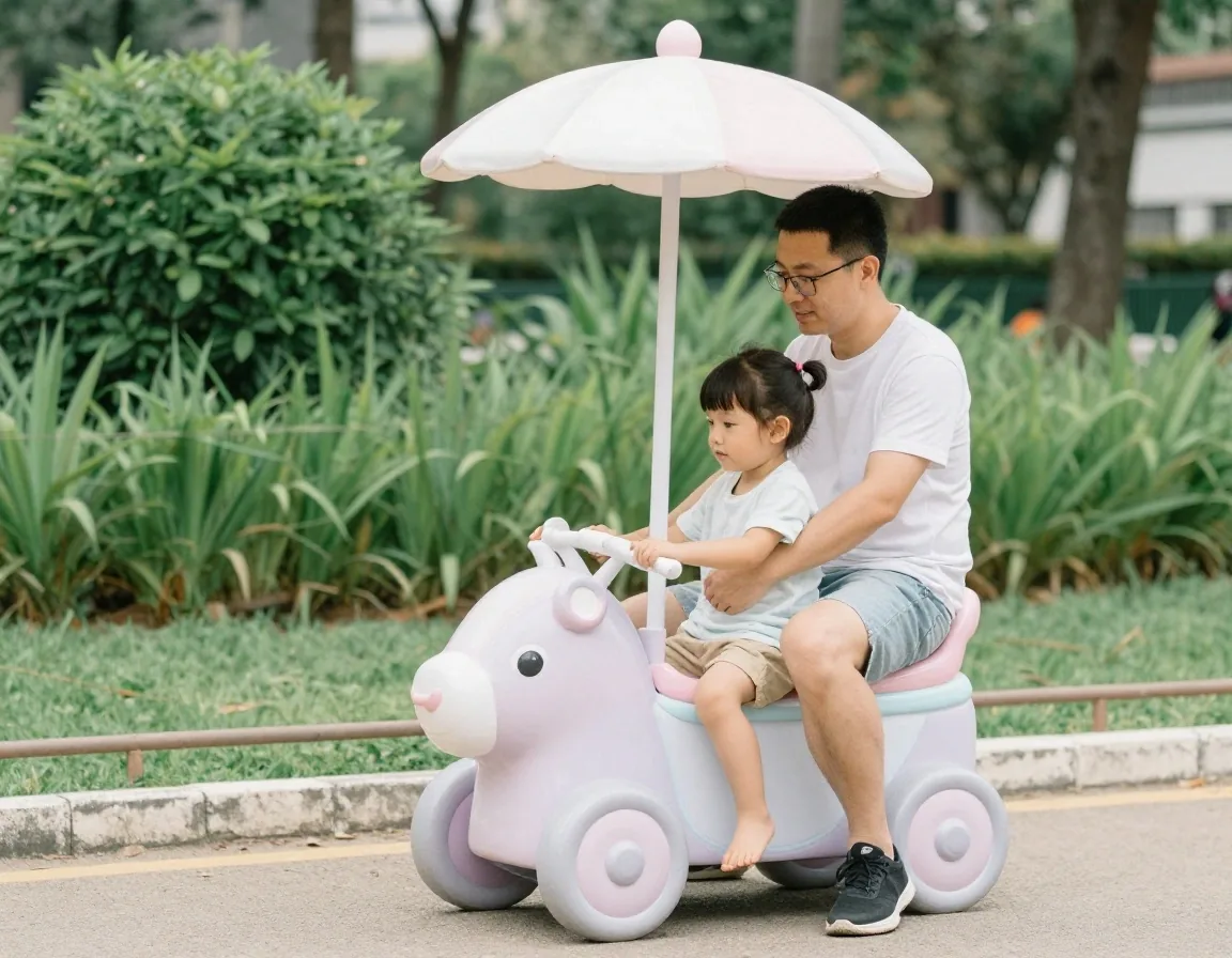 Niños en atracción familiar suave en parque temático