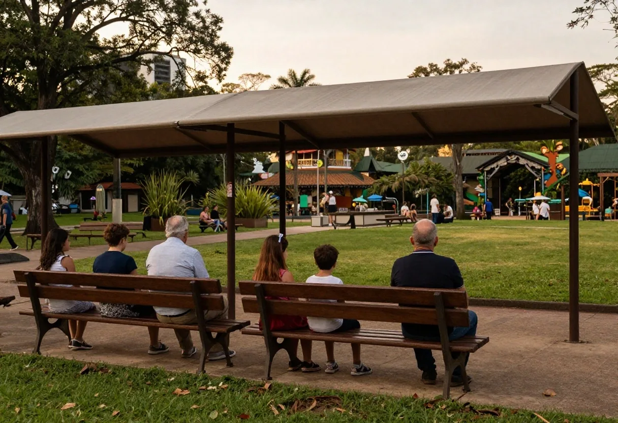 Paseo familiar al atardecer con toldos y bancos
