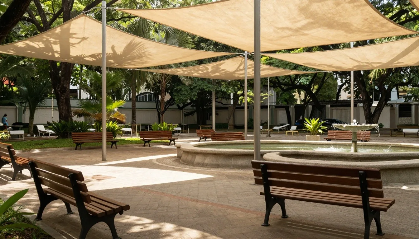 Bancos a la sombra de toldos junto a una fuente baja