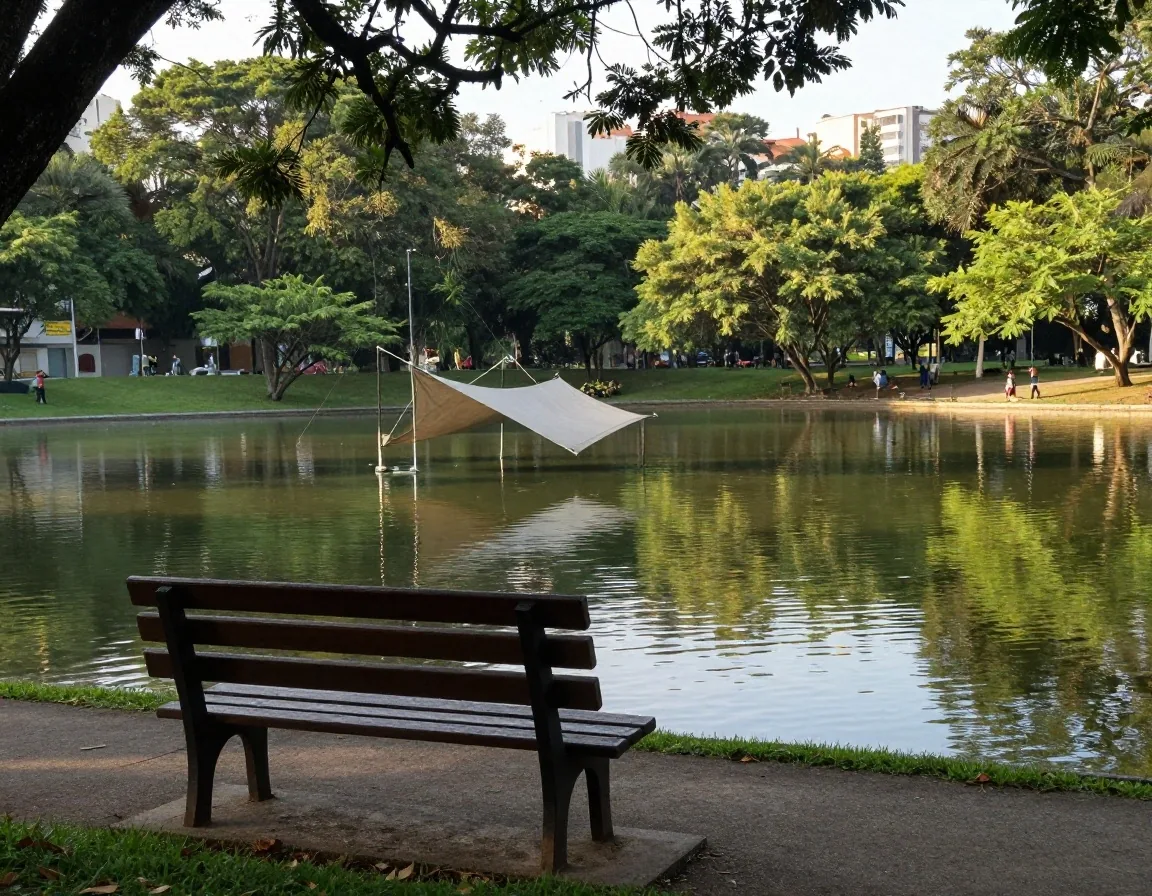 Canal de agua tranquila y banca de madera en un parque familiar